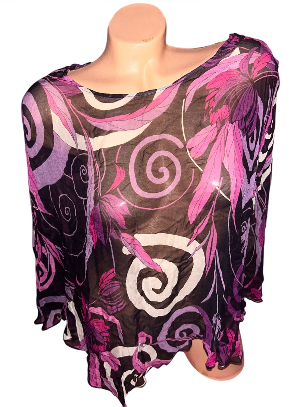 Vintage Black pink purple swirl 💯% silk poncho cape wrap Tim Burton design
